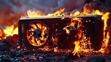 A computer case on fire with a fan on top of it video