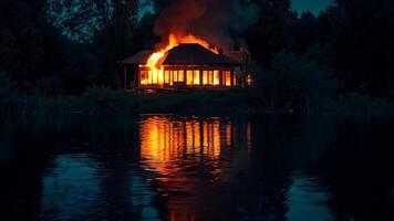 A house on fire in the middle of a lake at night video
