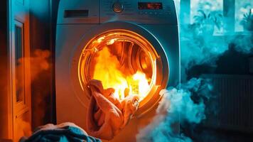 A person is putting a towel in a washing machine with a fire coming out of it video