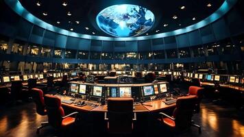 A large control room with multiple monitors and desks video