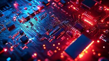 A close up of a computer circuit board with red and blue lights video