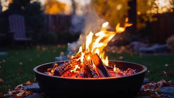 A fire pit in the middle of a yard with leaves on the ground video