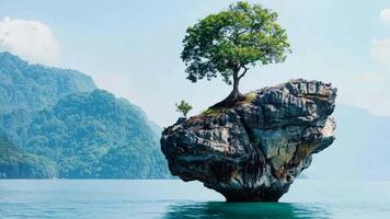 A lone tree on top of a rock in the middle of the ocean video