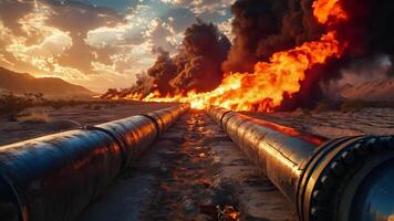 ein groß Rohr im das Mitte von ein Wüste mit ein groß Explosion im das Hintergrund video