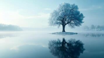 A lone tree in the middle of a lake surrounded by fog video