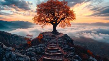 A lone tree on top of a mountain with stairs leading up to it video