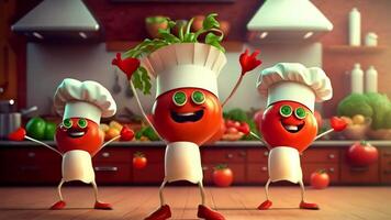 A group of cartoon tomatoes in a kitchen with chef hats and vegetables video