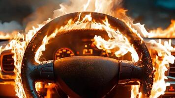 A car is engulfed by flames on the dashboard video