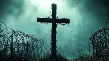 A cross in the middle of a field with barbed wire video