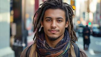 A man with dreadlocks standing in the middle of a city video