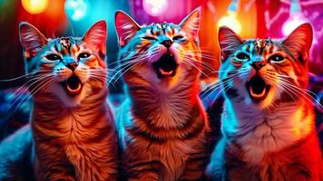 Trois chats avec leur bouches ouvert et leur bouches large ouvert dans de face de une coloré Contexte video