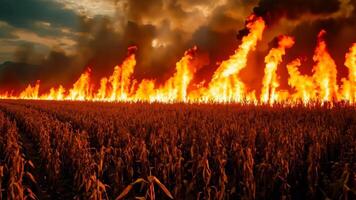 A field of corn on fire in the middle of a field video