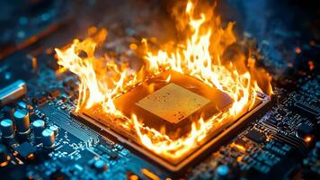 uma computador placa mãe em fogo com uma CPU em topo do isto video