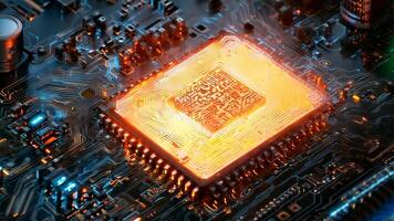 A close up of a computer motherboard with a chip on it video