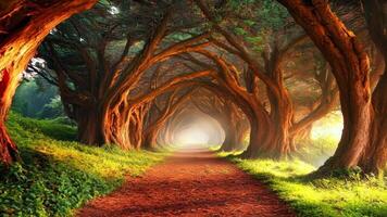 A path in the middle of a forest with trees in the background video