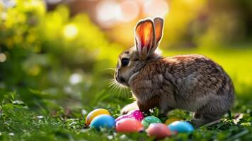 A small rabbit sitting in the grass next to a pile of colorful eggs video