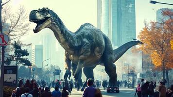 A large dinosaur in the middle of a busy city street video