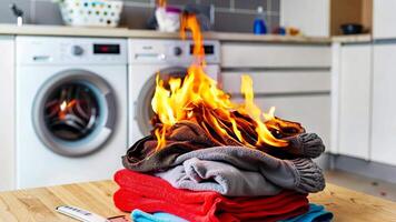 A stack of clothes on a table in front of a burning washing machine video