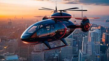 A black and red helicopter flying over a city video