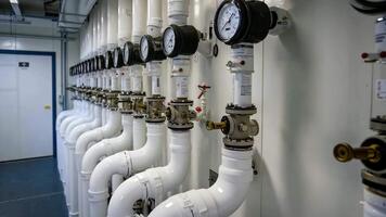 A row of pipes and valves in a room with a clock on the wall video