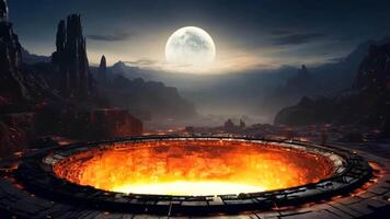 A large crater in the middle of a desert with a full moon in the background video