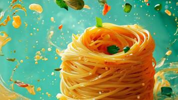 A close up of a bunch of spaghetti with orange juice splashing out of it video