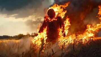A man standing in a field of fire in the middle of a field video