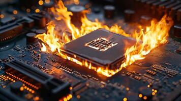 uma computador placa mãe em fogo com uma CPU em topo do isto video