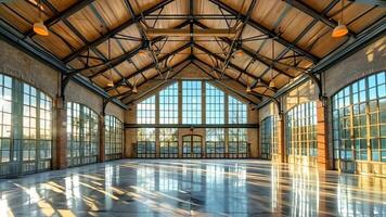 A large empty gymnasium with large windows and a wooden ceiling video