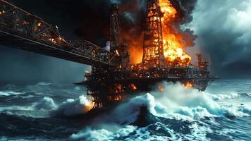 An oil rig in the middle of the ocean with a bridge in the background video