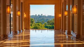 A long hallway with a view of the mountains in the distance video