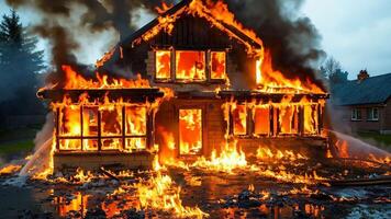 A house on fire with a hose in front of it video