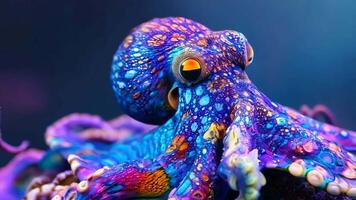An octopus with colorful tentacles and yellow eyes video