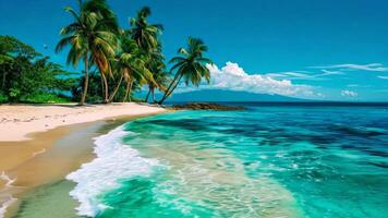 A beach with palm trees on the shore of the ocean video