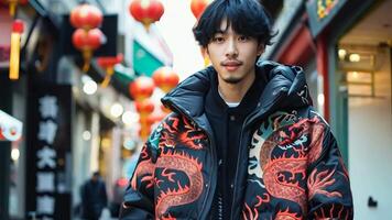 A man in a black jacket with a red dragon on it video