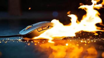 A computer mouse on fire on the ground video
