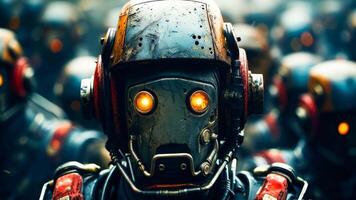 A group of robots standing in a line with glowing eyes video