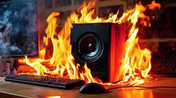 A computer monitor sitting on top of a desk next to a keyboard and mouse video