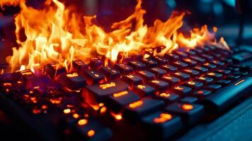 A computer keyboard on fire with a blue background video
