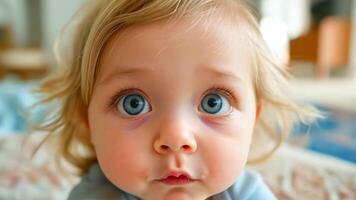 A small child with blue eyes looking at the camera video