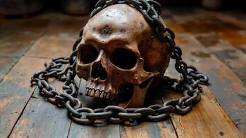 A skull with a chain around it on a wooden table video