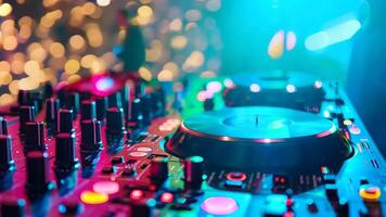 A close up of a dj mixer with colorful lights in the background video