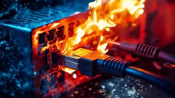 A burning ethernet cable plugged into a computer server video