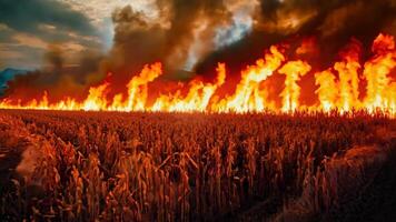 A field of corn on fire in the middle of a field video