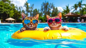 Two cats in sunglasses floating on an inflatable raft in a pool video