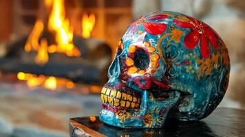 A colorful skull sitting on top of a table next to a fireplace video