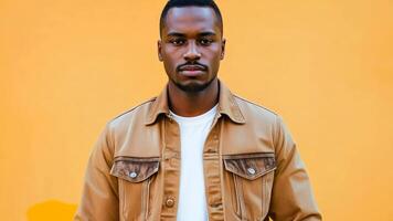 A man in a brown jacket standing in front of a yellow background video