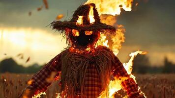 A scarecrow in a field of corn with a fire in his mouth video