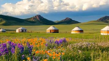 A field of wildflowers in front of a row of yurts in the middle of a grassy field video