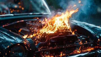 A car on fire with the hood open and the engine on fire video